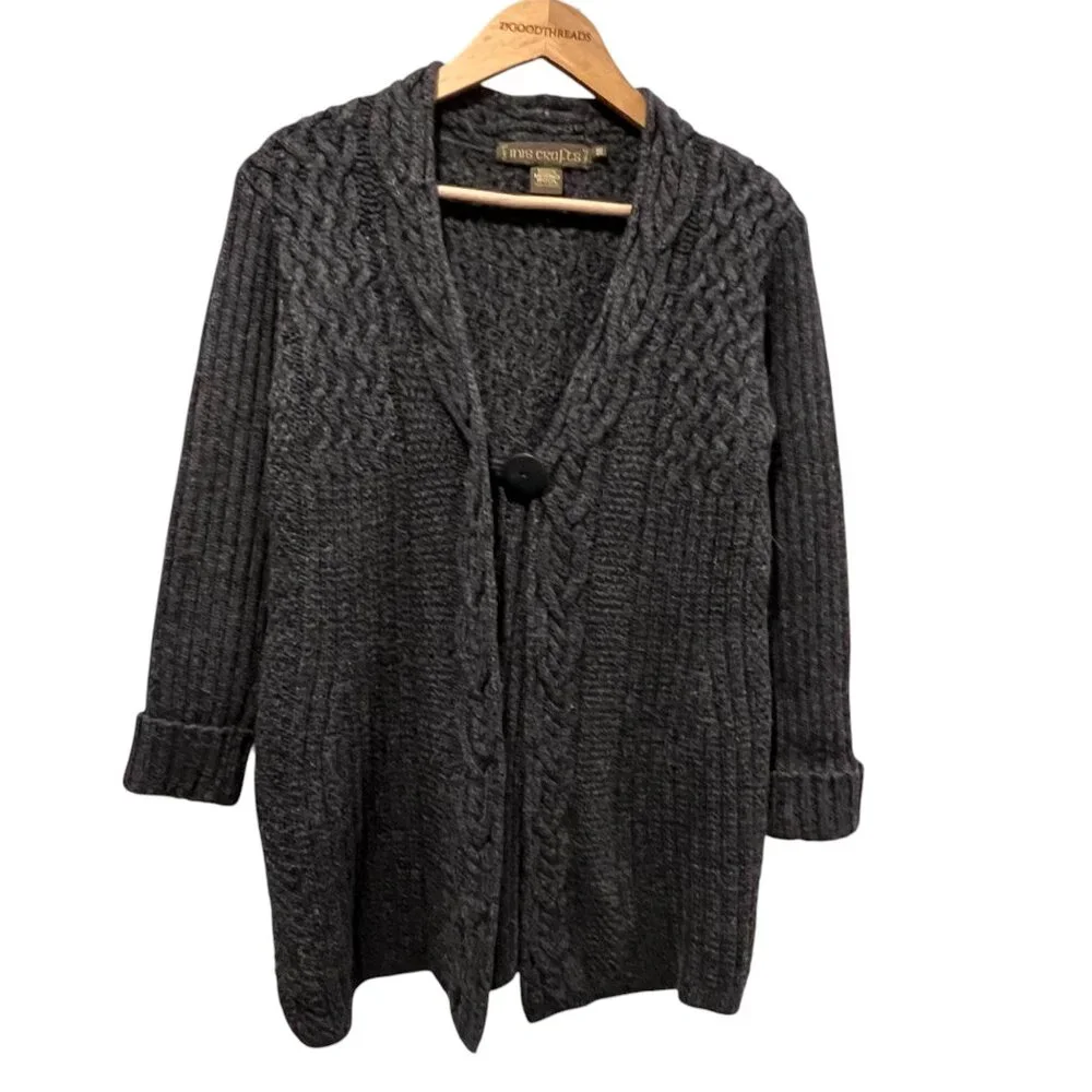 Inis Crafts Ireland Long Wool Cable Cardigan, Charcoal, M